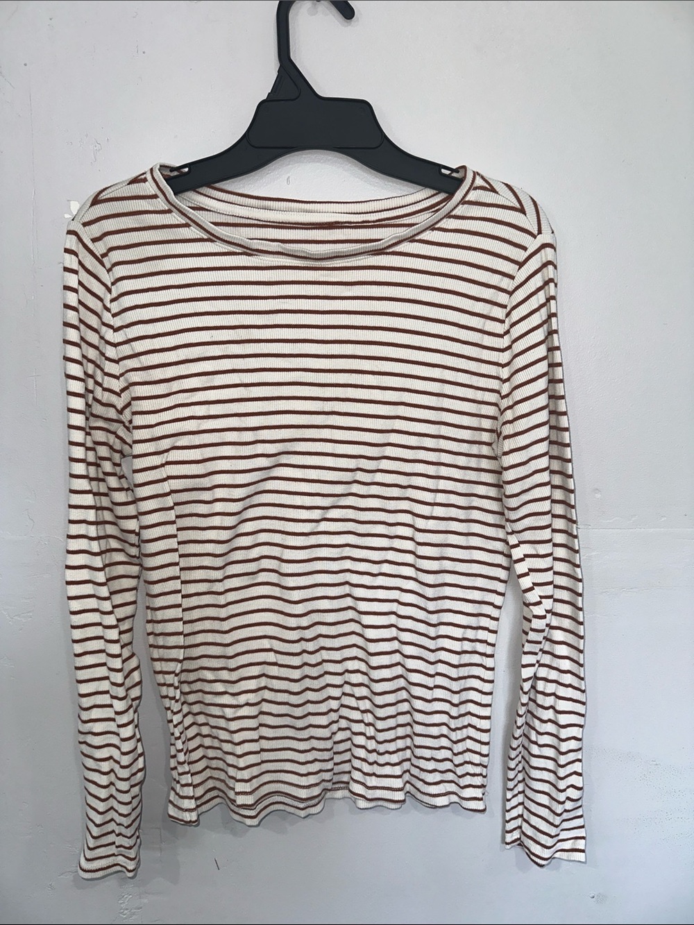 Time and Tru Brown and White Striped Long Sleeve Crewneck Top